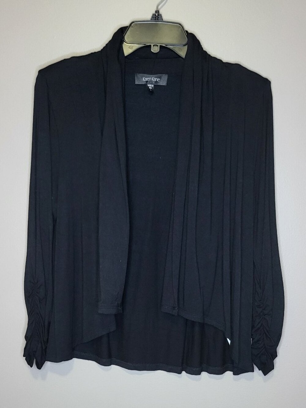Karen Kane Black Open Front Drape Cardigan Ruched 3/4 Sleeve Lightweight Size L